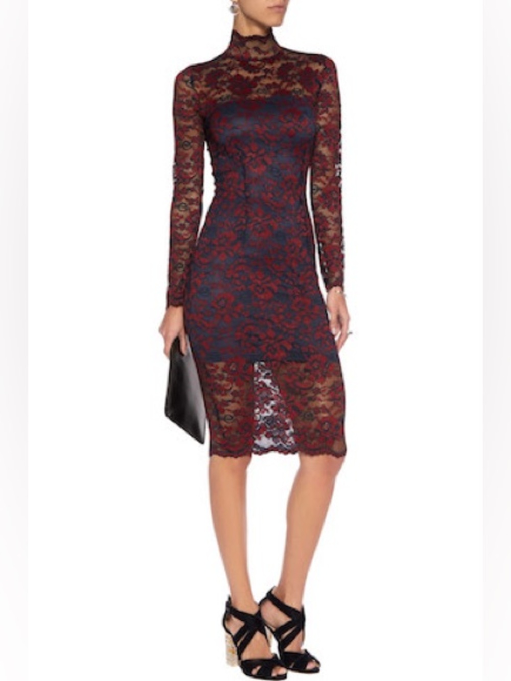 GANNI Flynn high neck midi dress burgundy and navy lace size XS